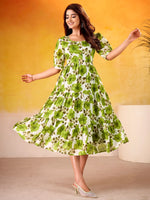 Fantastic Mehendi Green Floral Printed Silk Daily Wear Dress