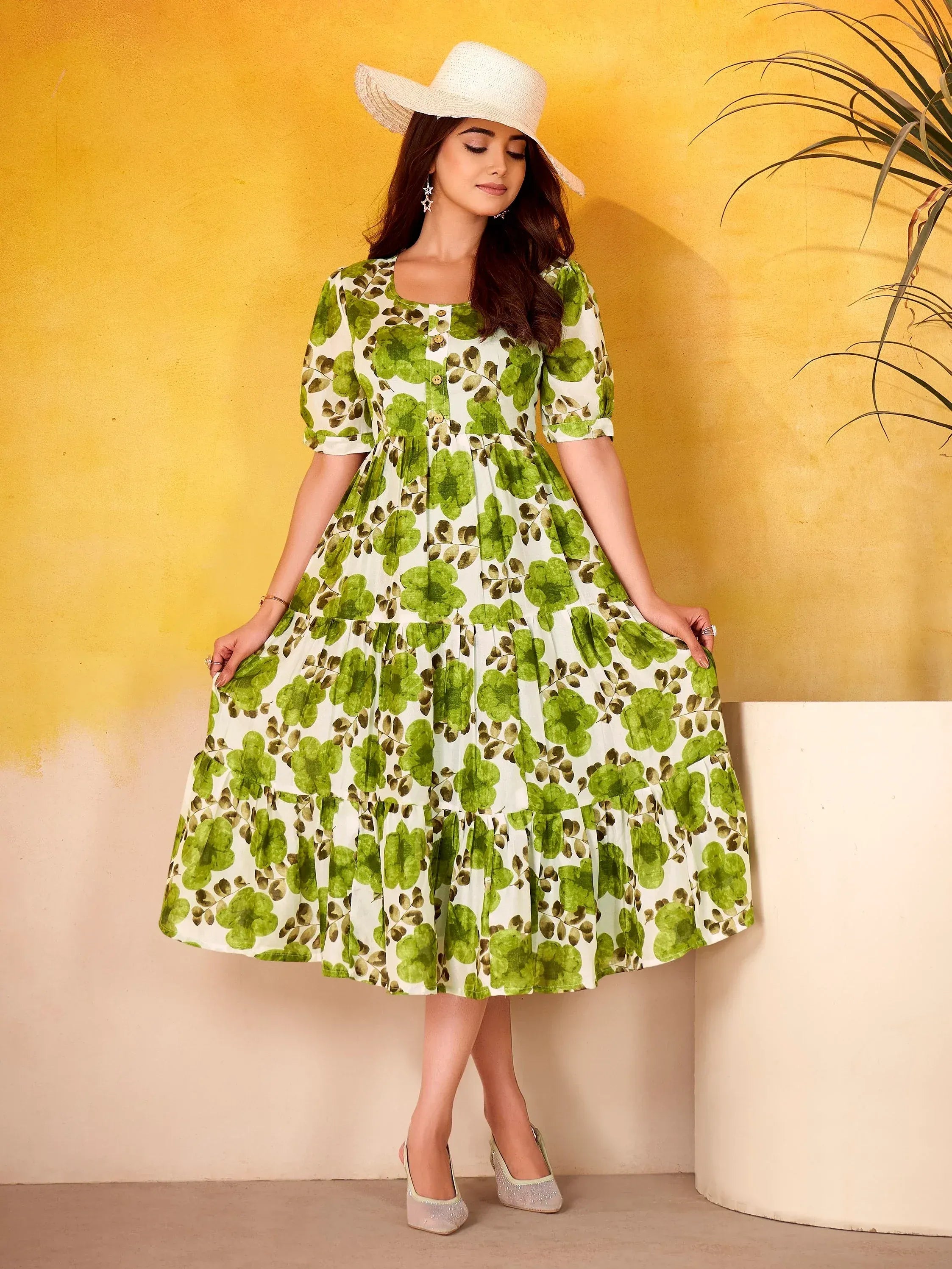 Fantastic Mehendi Green Floral Printed Silk Daily Wear Dress