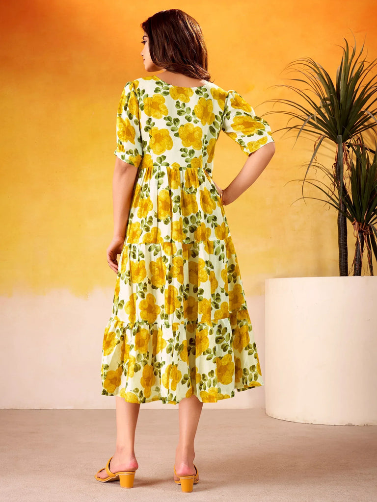 Stunning Mustard Yellow Digital Printed Silk Casual Wear Dress