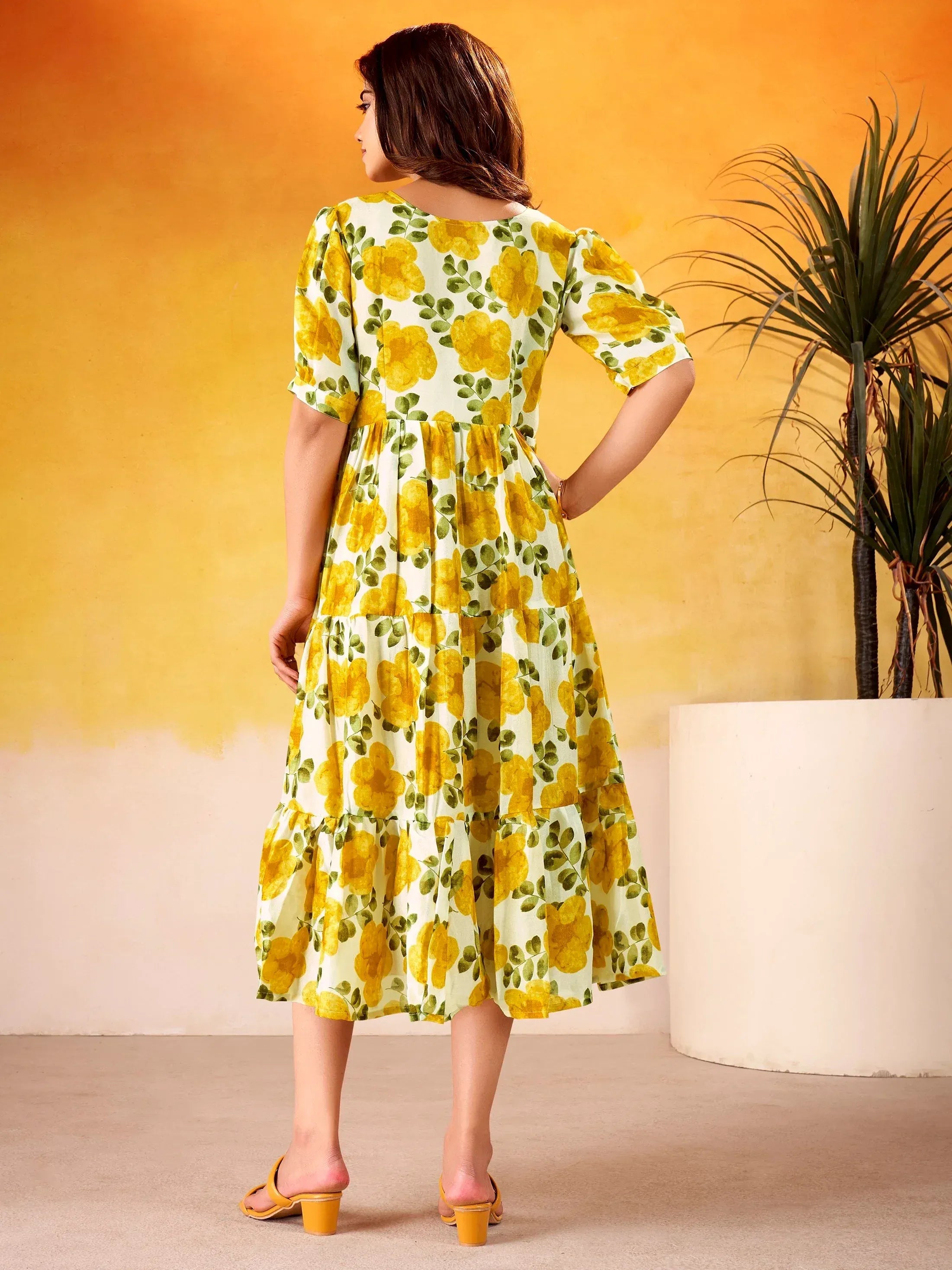Stunning Mustard Yellow Digital Printed Silk Casual Wear Dress