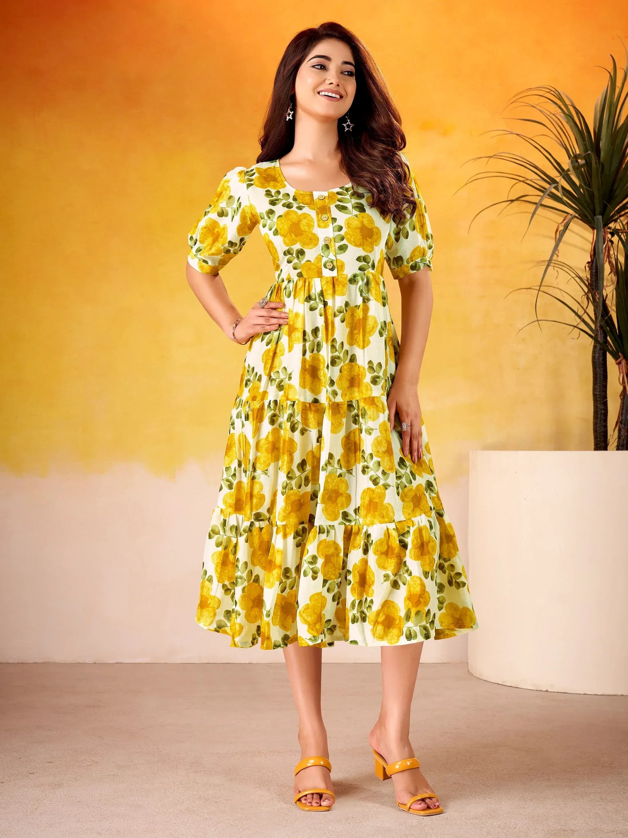 Stunning Mustard Yellow Digital Printed Silk Casual Wear Dress