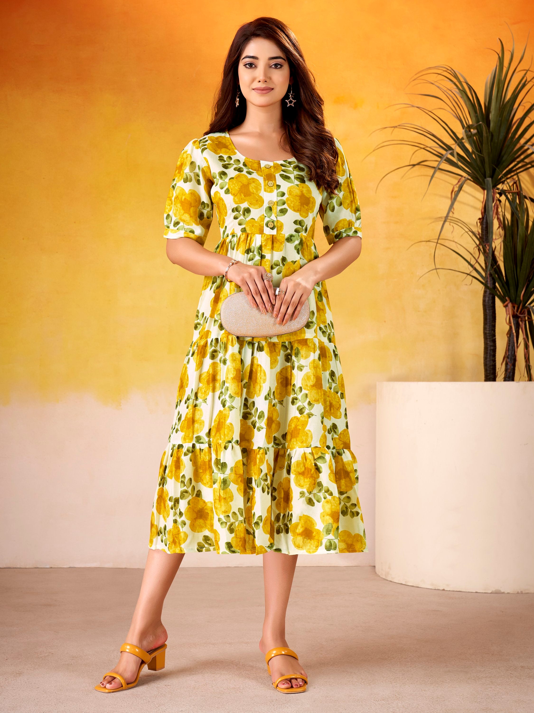 Stunning Mustard Yellow Digital Printed Silk Casual Wear Dress