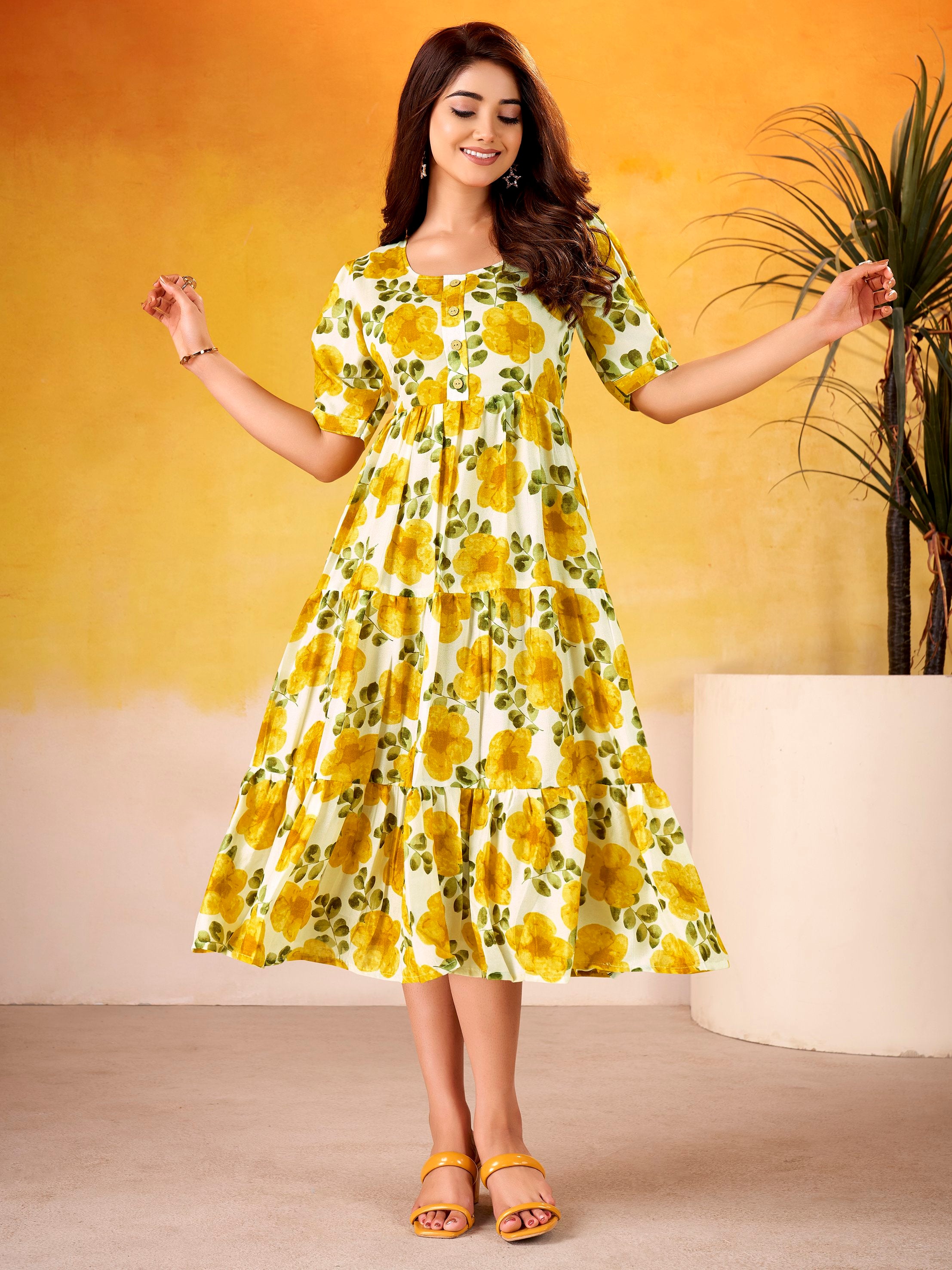 Stunning Mustard Yellow Digital Printed Silk Casual Wear Dress