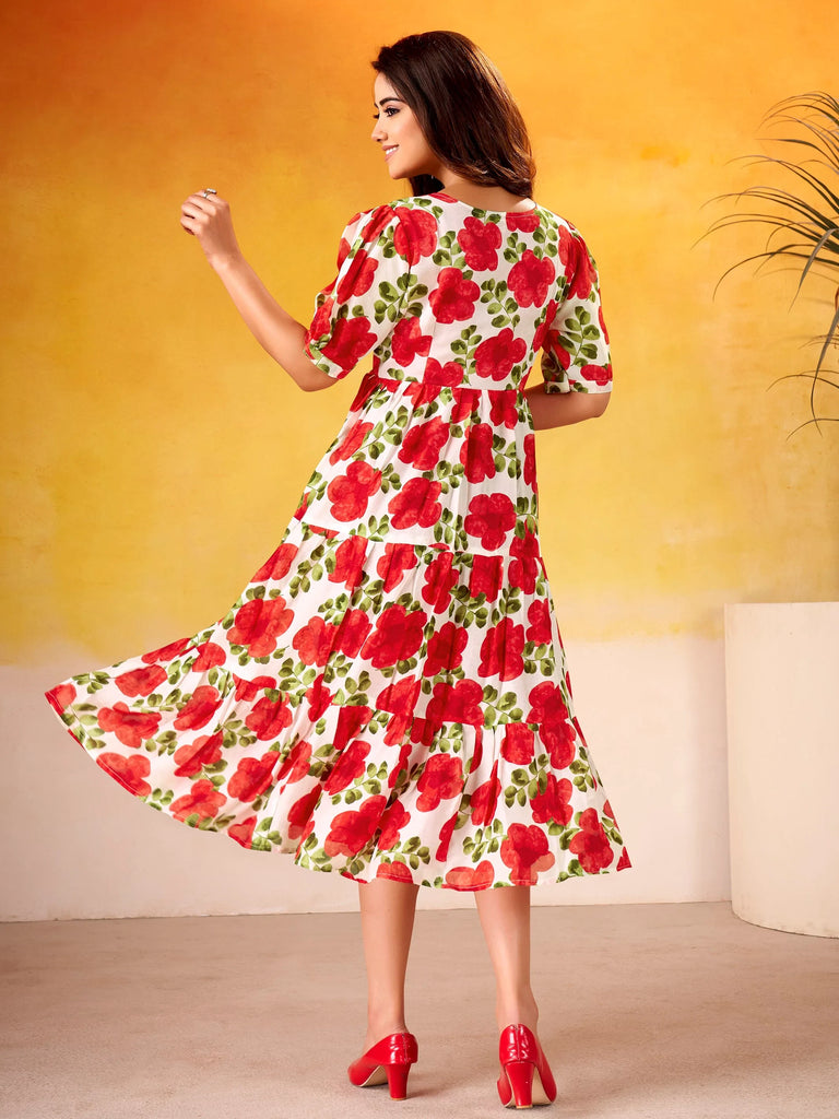 Lovable Red Floral Printed Silk Office Wear Dress