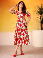 Lovable Red Floral Printed Silk Office Wear Dress