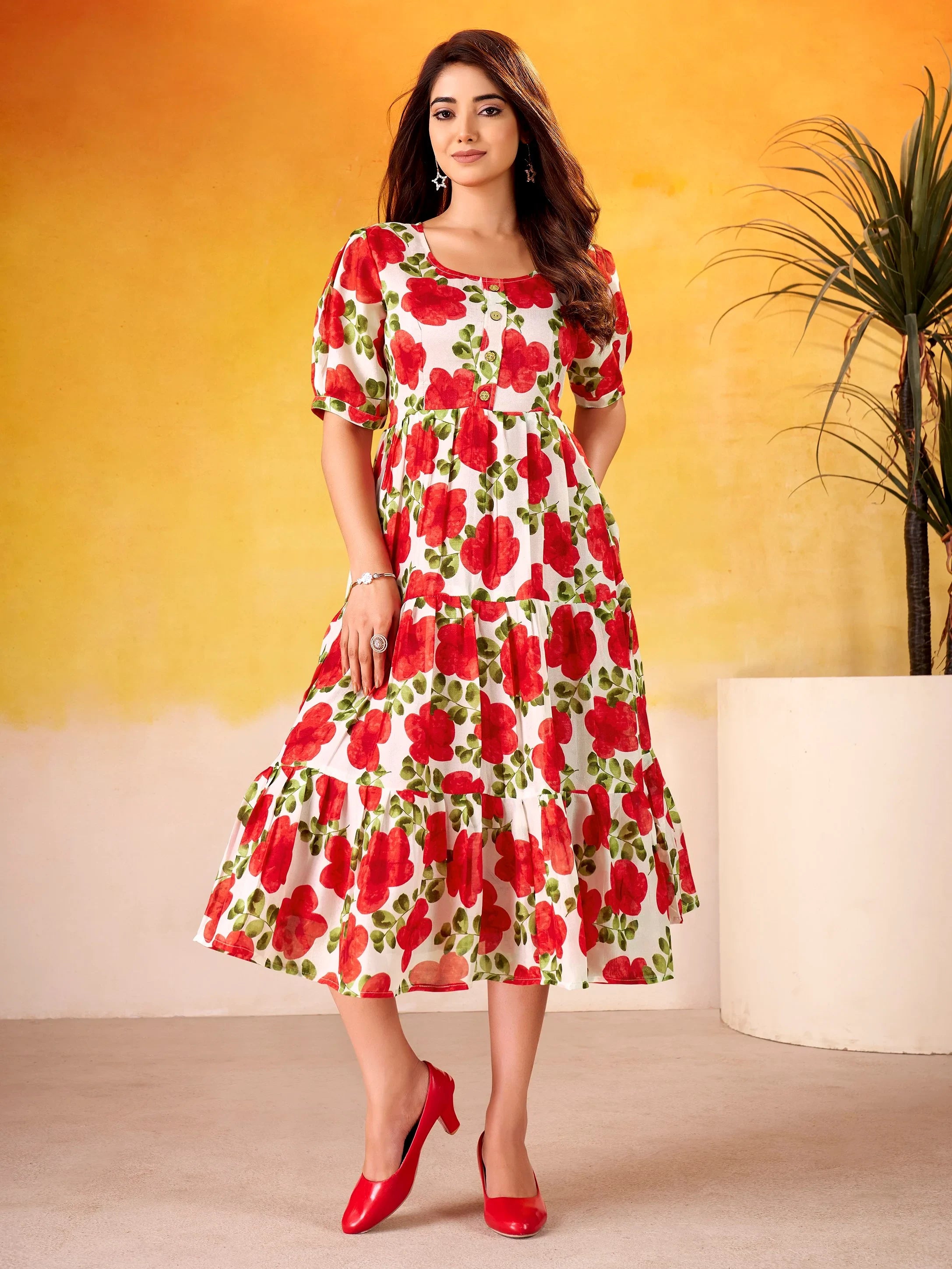 Lovable Red Floral Printed Silk Office Wear Dress