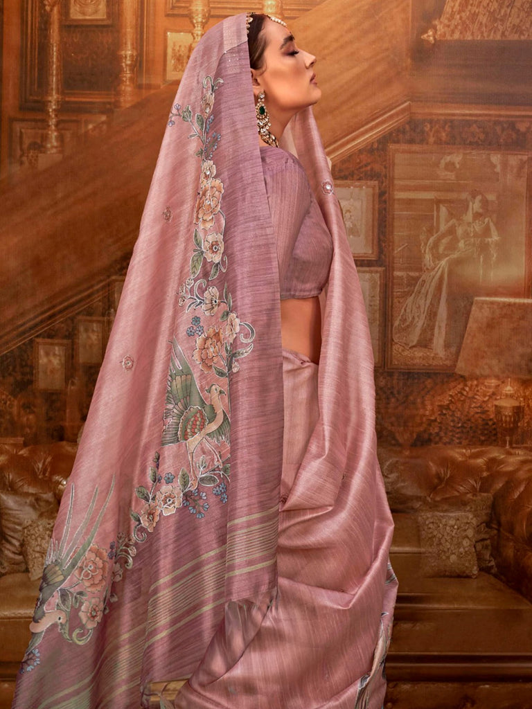 Impressive Pink Hand Work Tussar Silk Festive Wear Saree With Blouse
