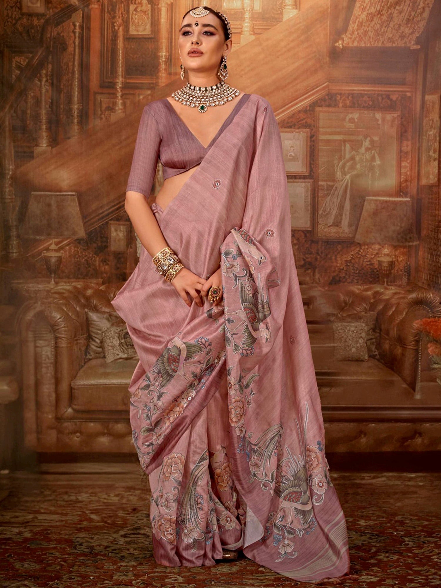 Impressive Pink Hand Work Tussar Silk Festive Wear Saree With Blouse