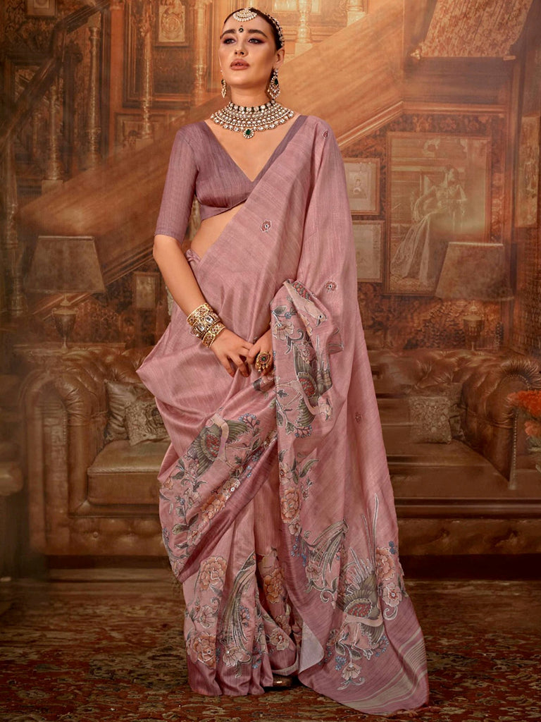 Impressive Pink Hand Work Tussar Silk Festive Wear Saree With Blouse