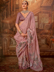 Impressive Pink Hand Work Tussar Silk Festive Wear Saree With Blouse