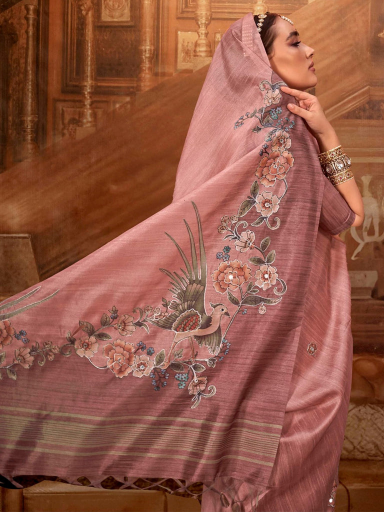 Impressive Pink Hand Work Tussar Silk Festive Wear Saree With Blouse