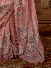 Impressive Pink Hand Work Tussar Silk Festive Wear Saree With Blouse