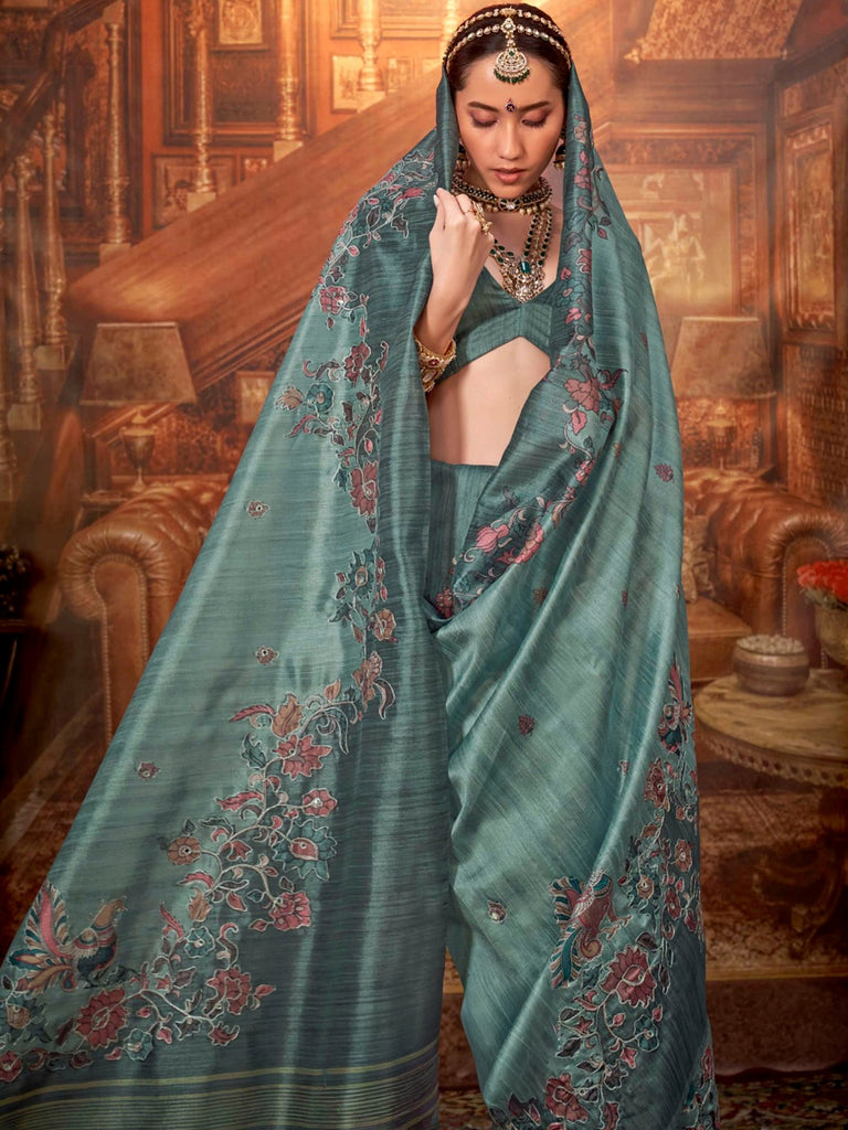 Attractive Green Hand Work Tussar Silk Function Wear Saree With Blouse