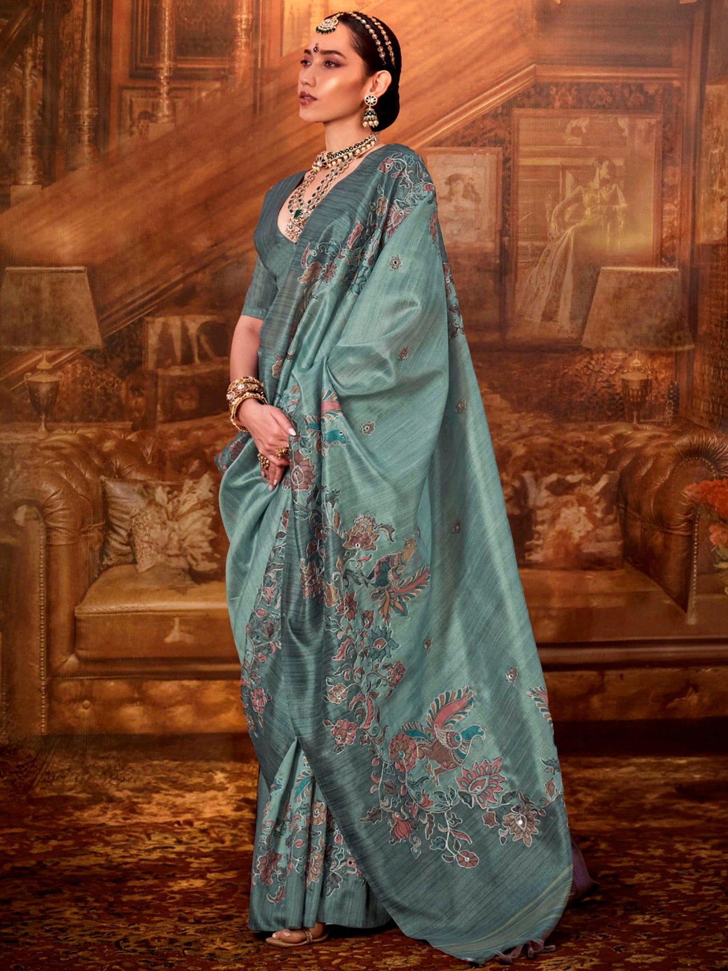 Attractive Green Hand Work Tussar Silk Function Wear Saree With Blouse