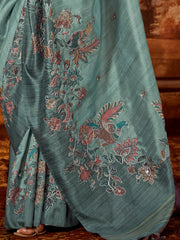 Attractive Green Hand Work Tussar Silk Function Wear Saree With Blouse
