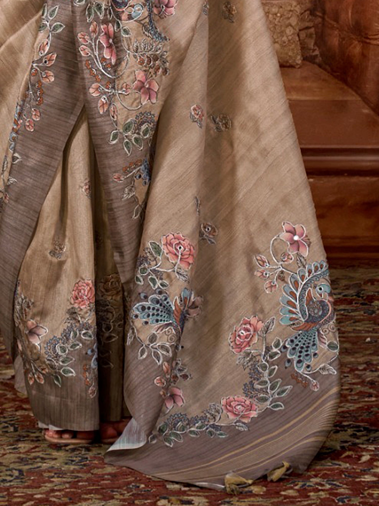 Awesome Grey Hand Work Tussar Silk Traditional Wear Saree With Blouse