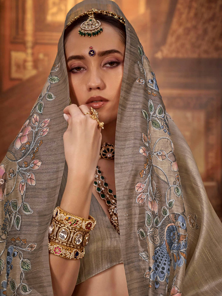 Awesome Grey Hand Work Tussar Silk Traditional Wear Saree With Blouse