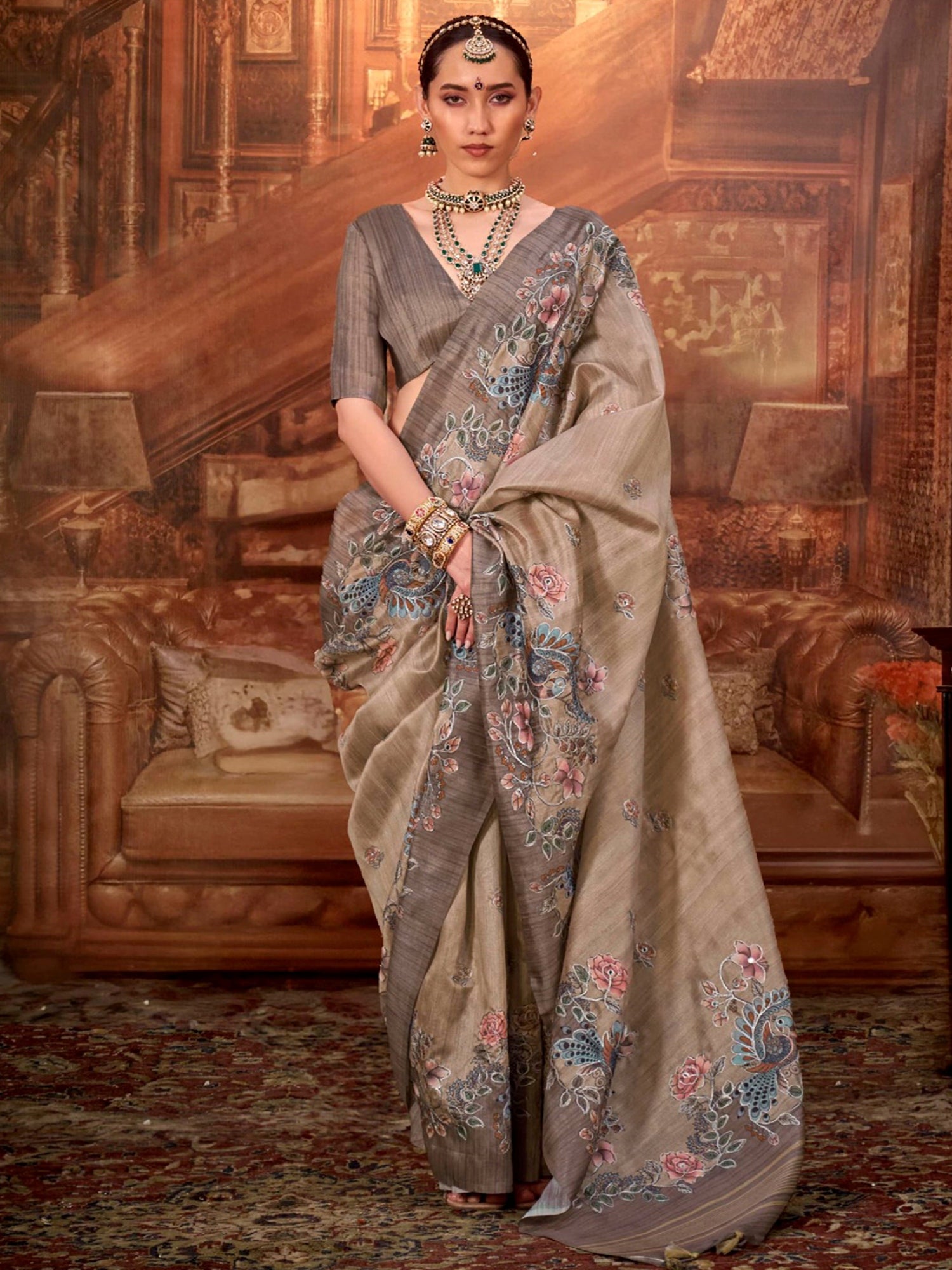 Awesome Grey Hand Work Tussar Silk Traditional Wear Saree With Blouse