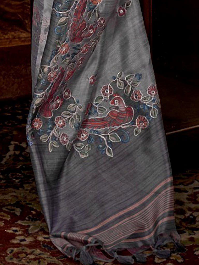 Glamorous Grey Hand Work Tussar Silk Wedding Wear Saree With Blouse