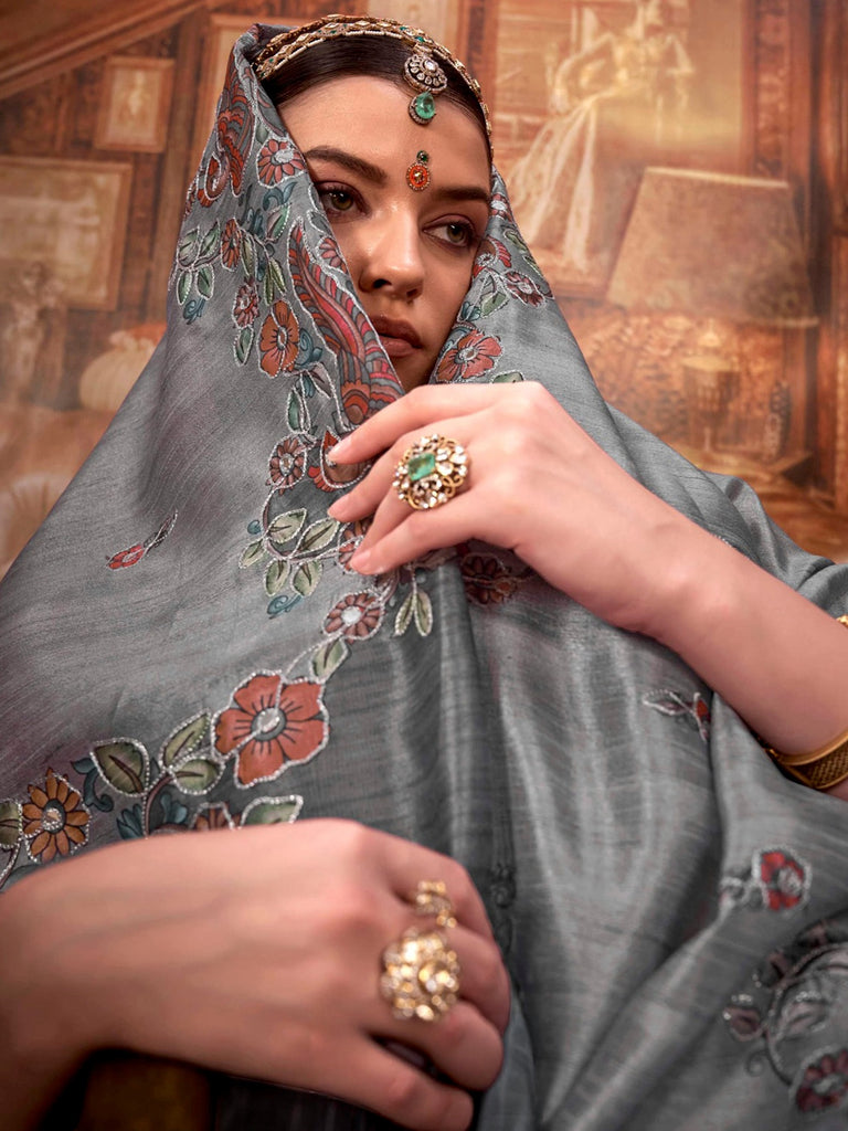 Glamorous Grey Hand Work Tussar Silk Wedding Wear Saree With Blouse