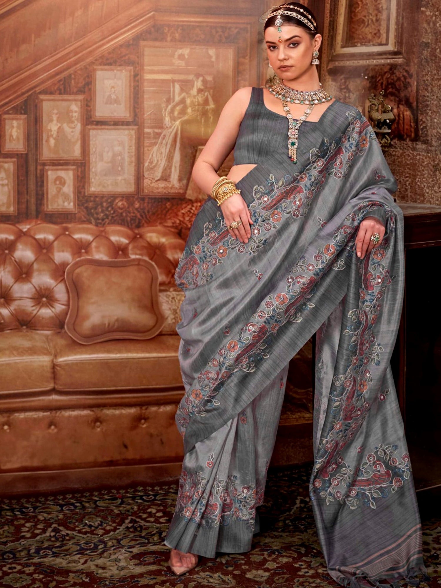 Glamorous Grey Hand Work Tussar Silk Wedding Wear Saree With Blouse