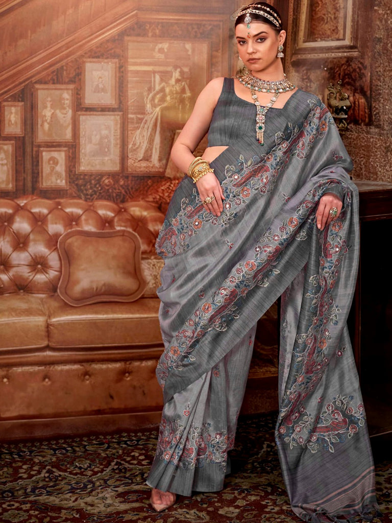 Glamorous Grey Hand Work Tussar Silk Wedding Wear Saree With Blouse