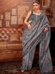 Glamorous Grey Hand Work Tussar Silk Wedding Wear Saree With Blouse