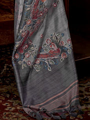Glamorous Grey Hand Work Tussar Silk Wedding Wear Saree With Blouse
