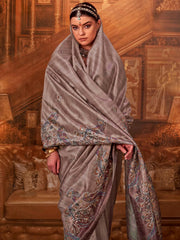 Gorgeous Grey Hand Work Tussar Silk Festive Wear Saree With Blouse
