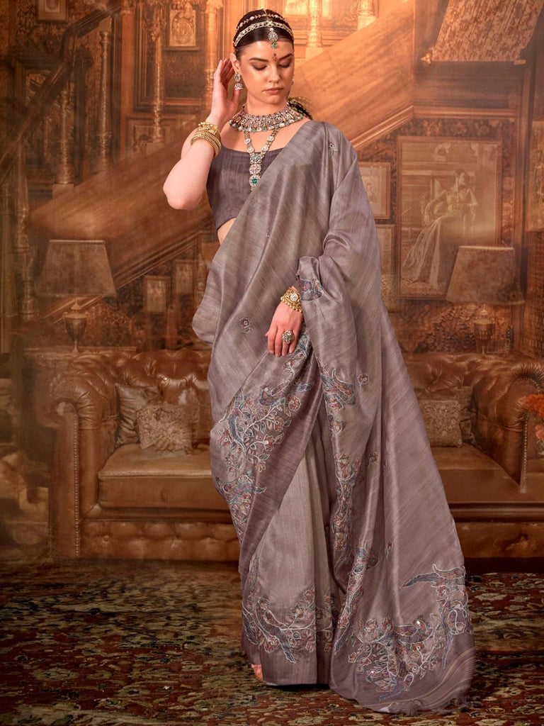 Gorgeous Grey Hand Work Tussar Silk Festive Wear Saree With Blouse