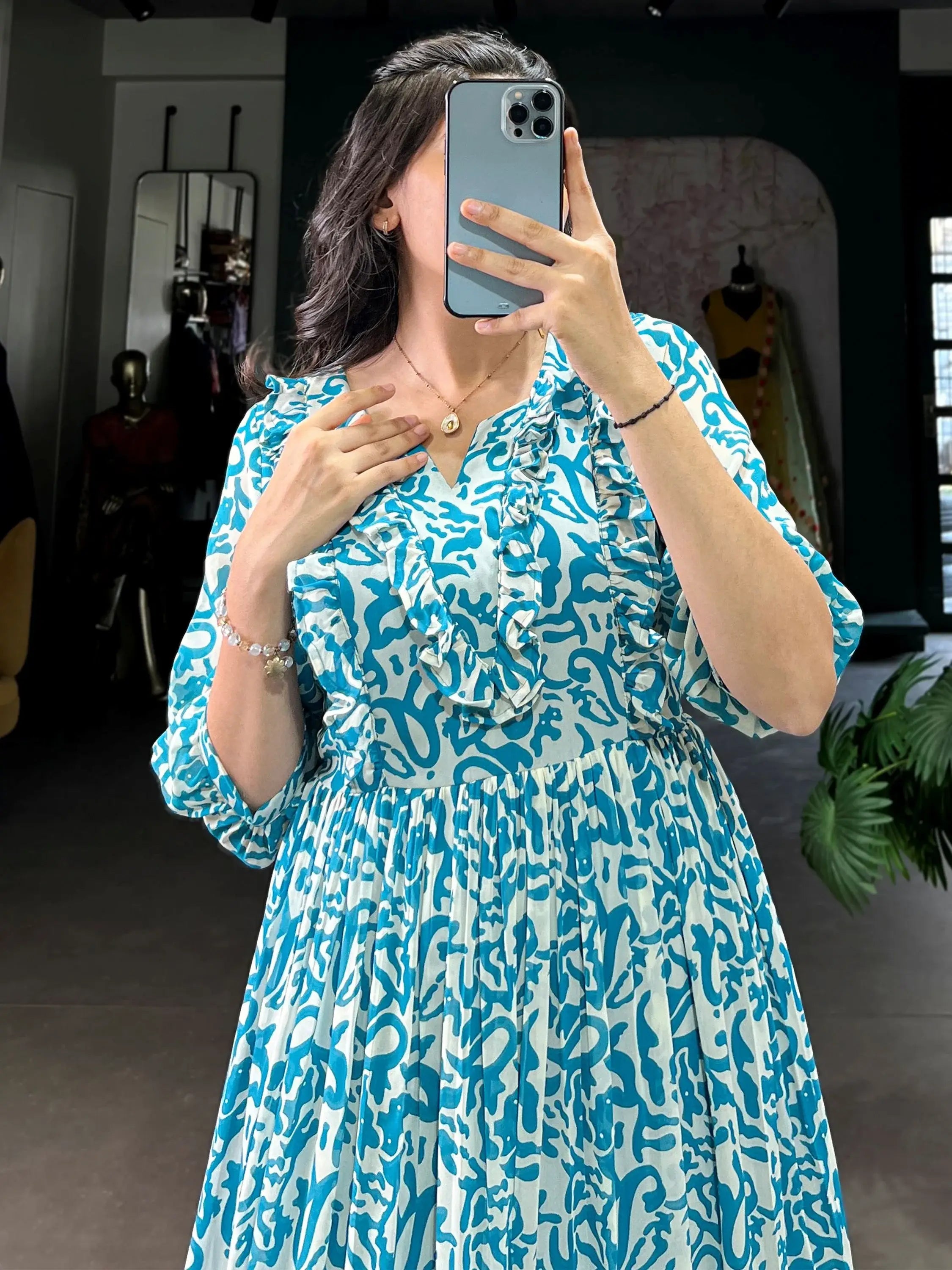 Elegant Blue Digital Print Georgette Casual Wear Dress 