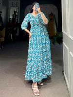 Elegant Blue Digital Print Georgette Casual Wear Dress