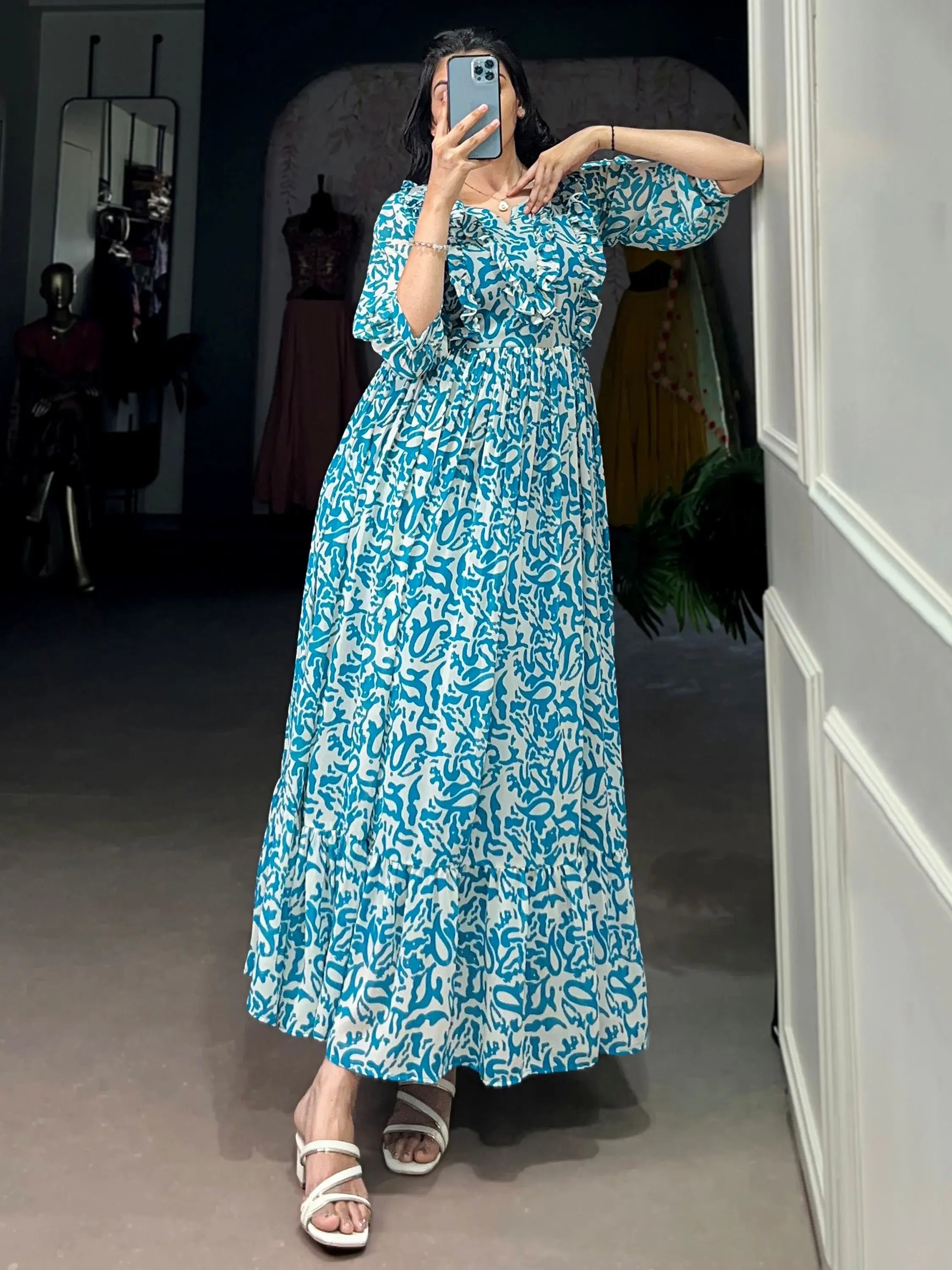 Elegant Blue Digital Print Georgette Casual Wear Dress 