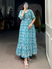 Elegant Blue Digital Print Georgette Casual Wear Dress 