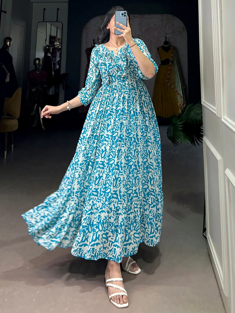 Elegant Blue Digital Print Georgette Casual Wear Dress 