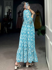 Elegant Blue Digital Print Georgette Casual Wear Dress 