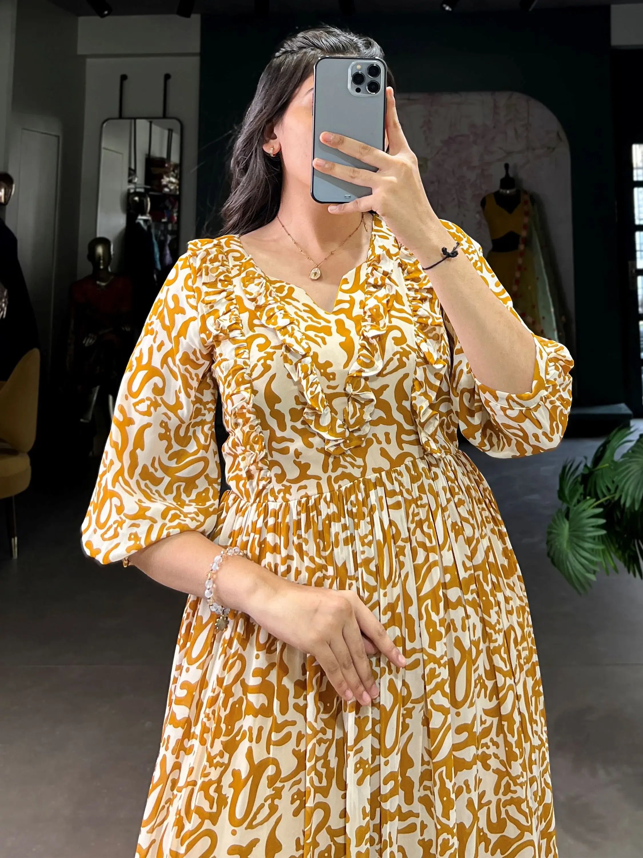 Amazing Mustard Digital Print Georgette Casual Wear Dress 