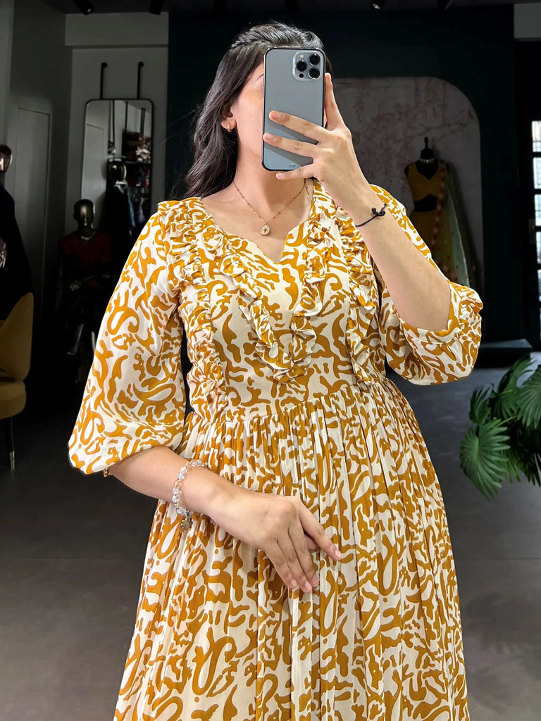 Amazing Mustard Digital Print Georgette Casual Wear Dress 