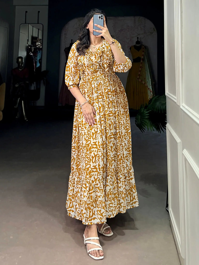 Amazing Mustard Digital Print Georgette Casual Wear Dress 