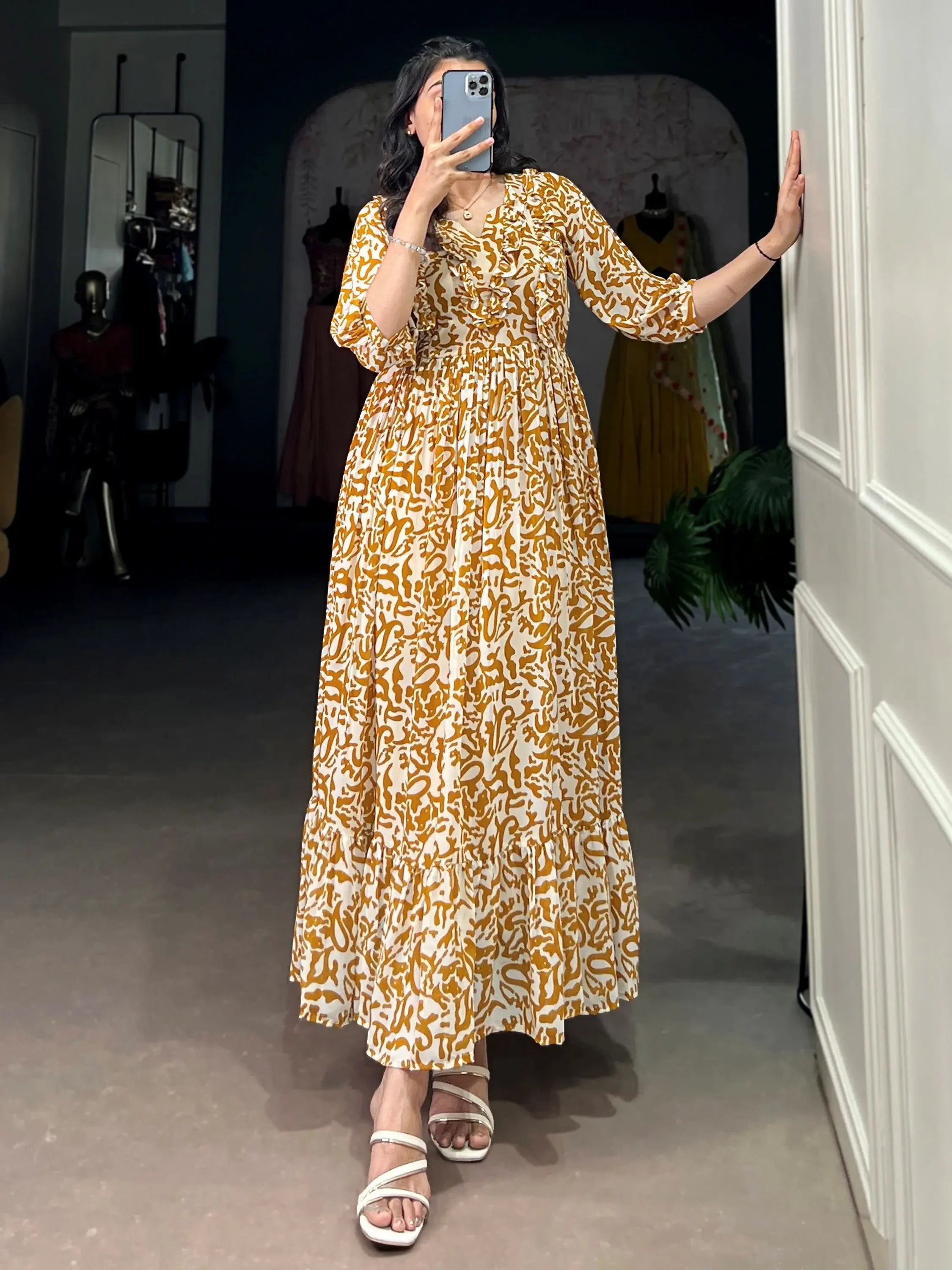 Amazing Mustard Digital Print Georgette Casual Wear Dress 