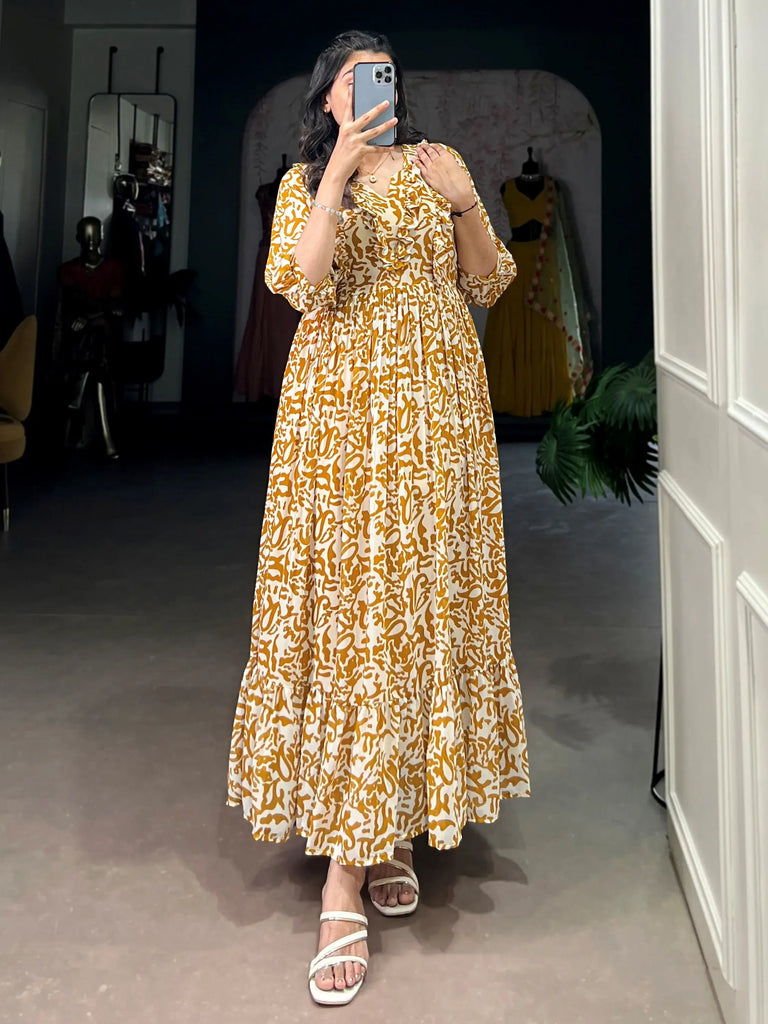 Amazing Mustard Digital Print Georgette Casual Wear Dress 
