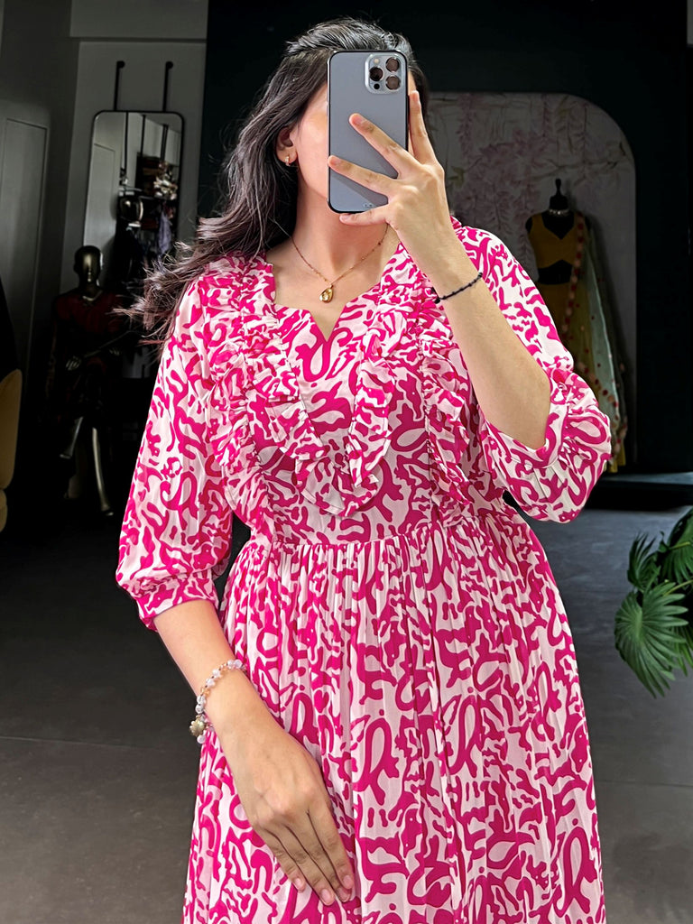 Graceful Pink Digital Printed Georgette Casual Wear Dress