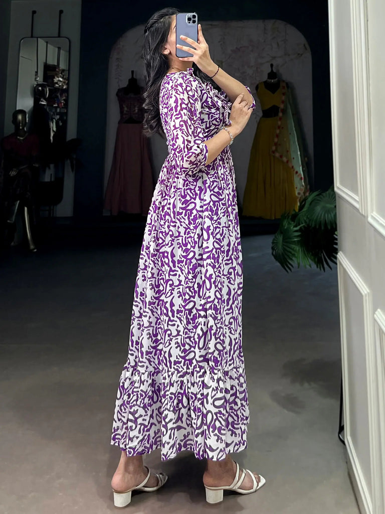 Stunning Purple Digital Print Georgette Casual Wear Dress