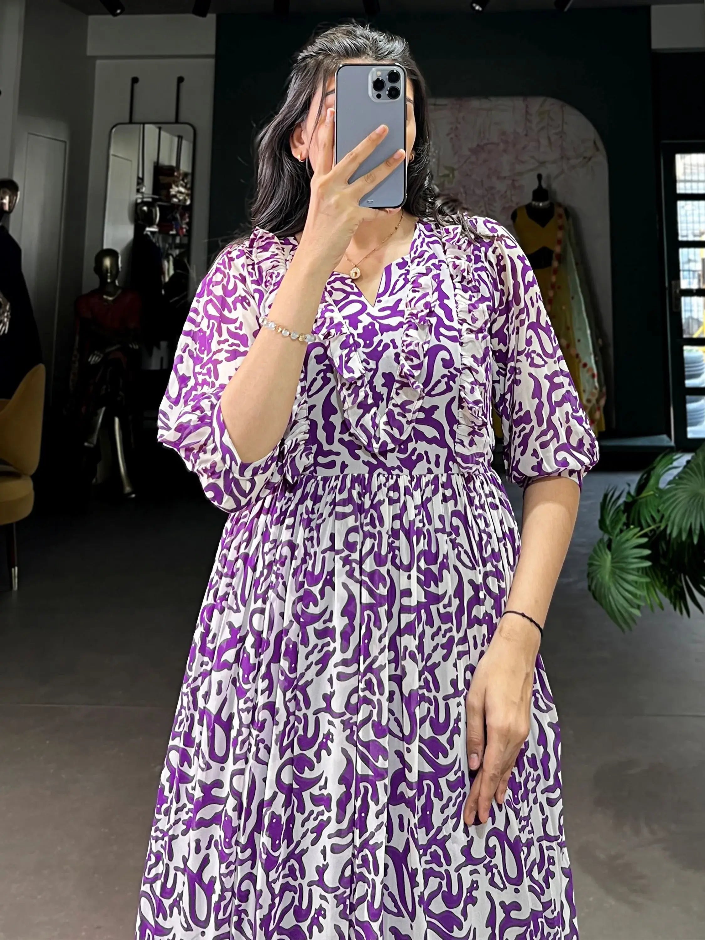 Stunning Purple Digital Print Georgette Casual Wear Dress