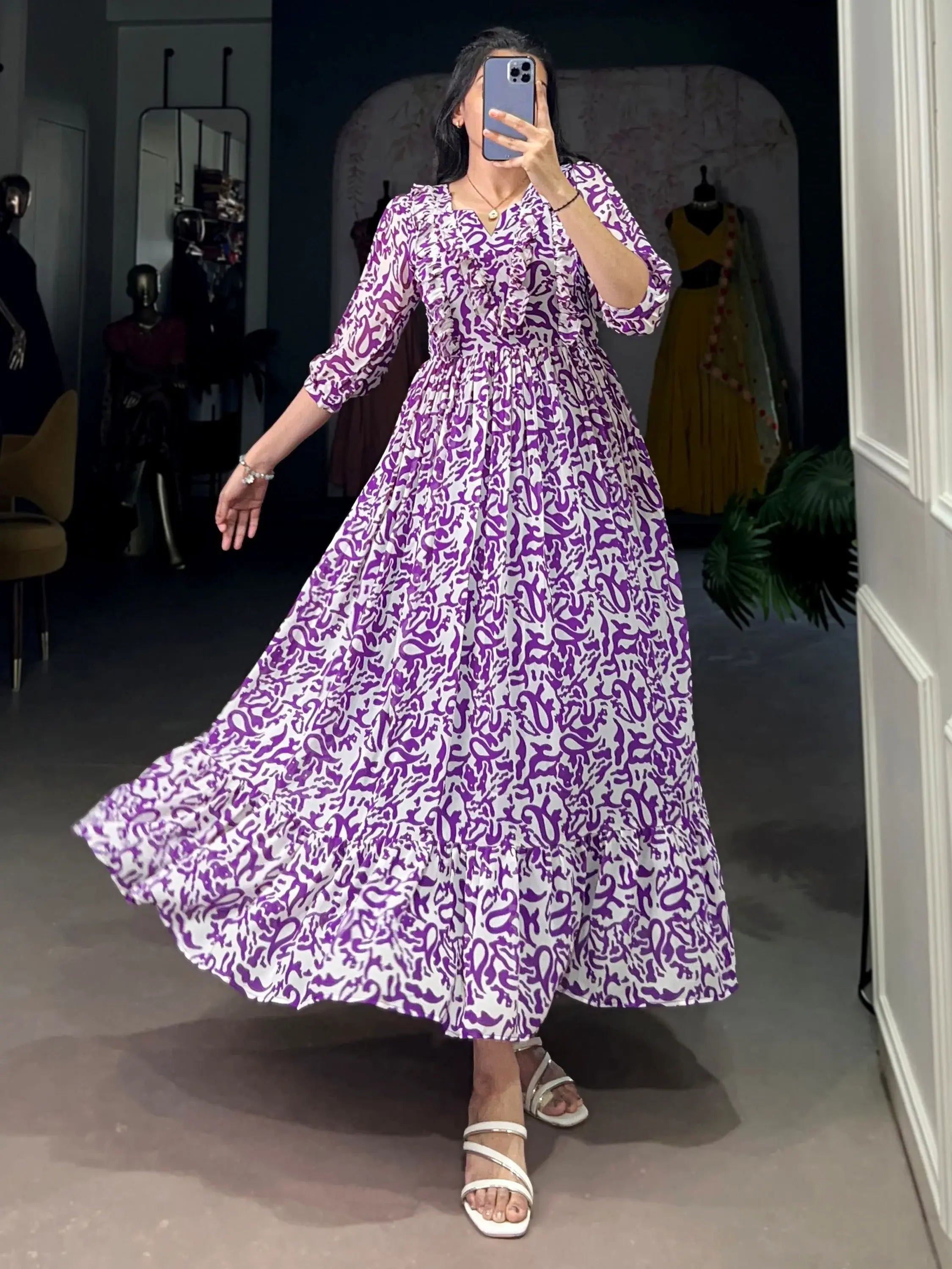 Stunning Purple Digital Print Georgette Casual Wear Dress