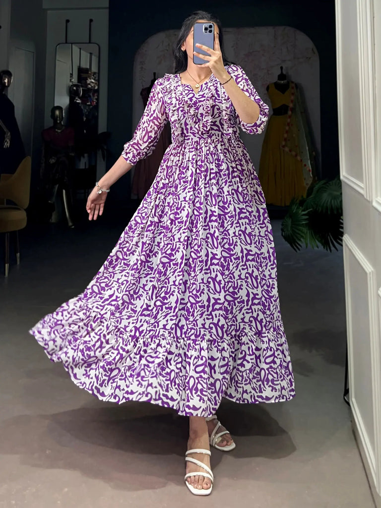 Stunning Purple Digital Print Georgette Casual Wear Dress