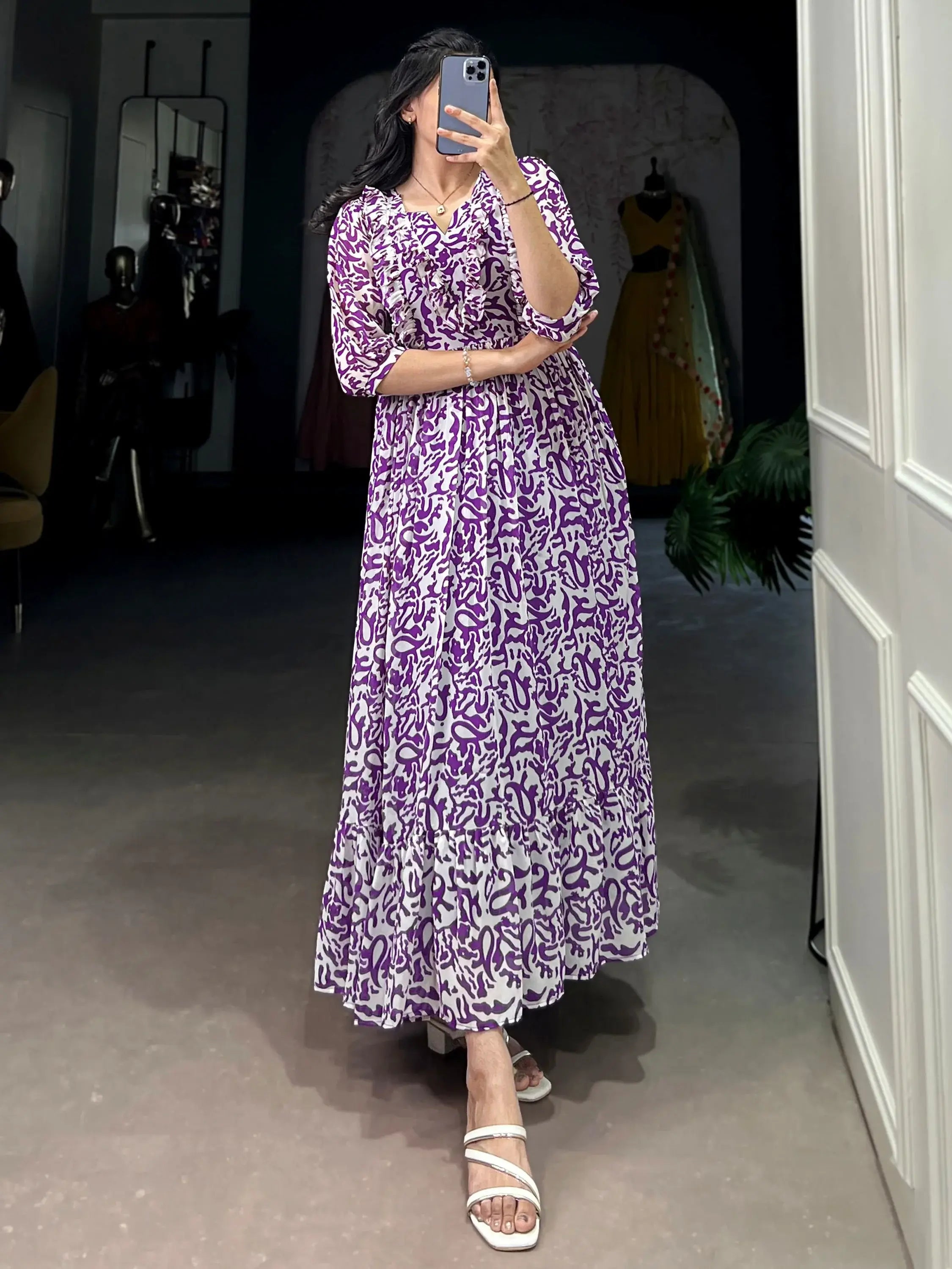 Stunning Purple Digital Print Georgette Casual Wear Dress