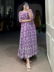 Stunning Purple Digital Print Georgette Casual Wear Dress