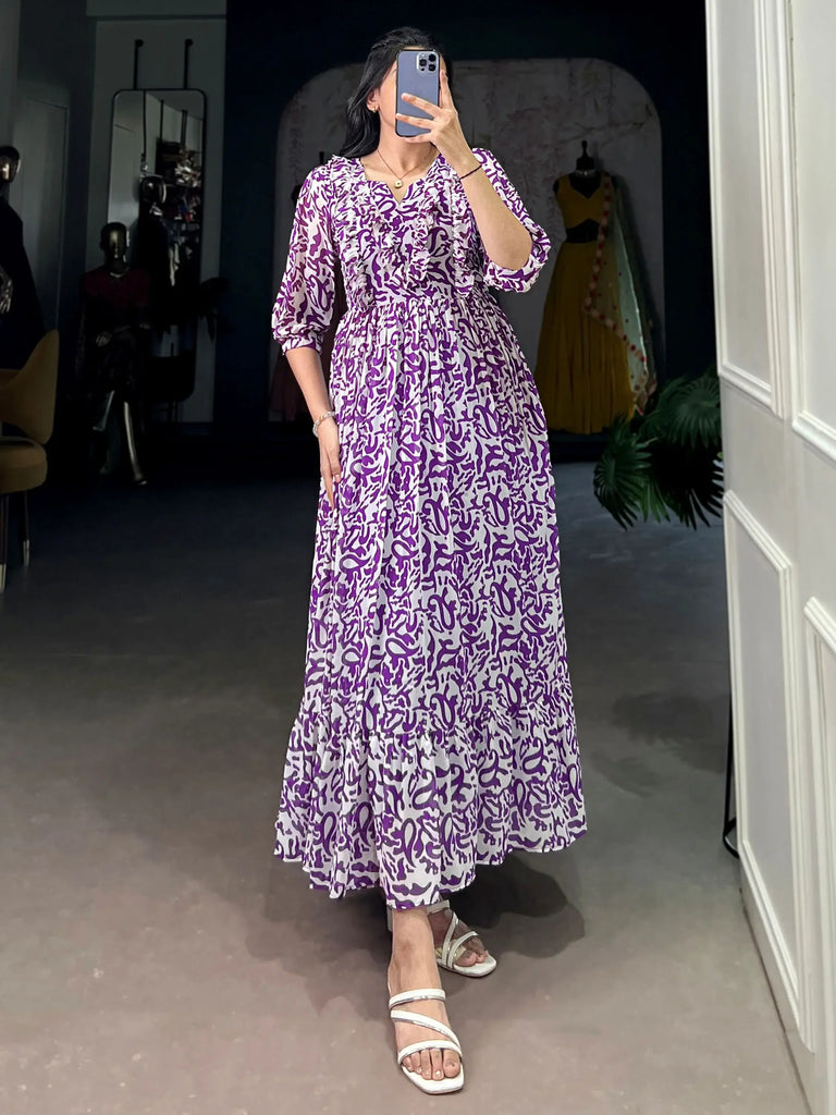 Stunning Purple Digital Print Georgette Casual Wear Dress
