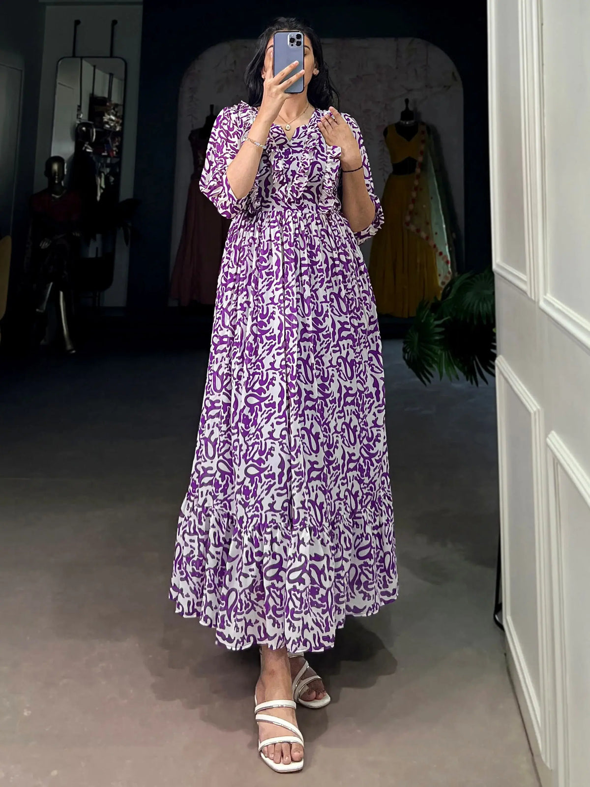Stunning Purple Digital Print Georgette Casual Wear Dress